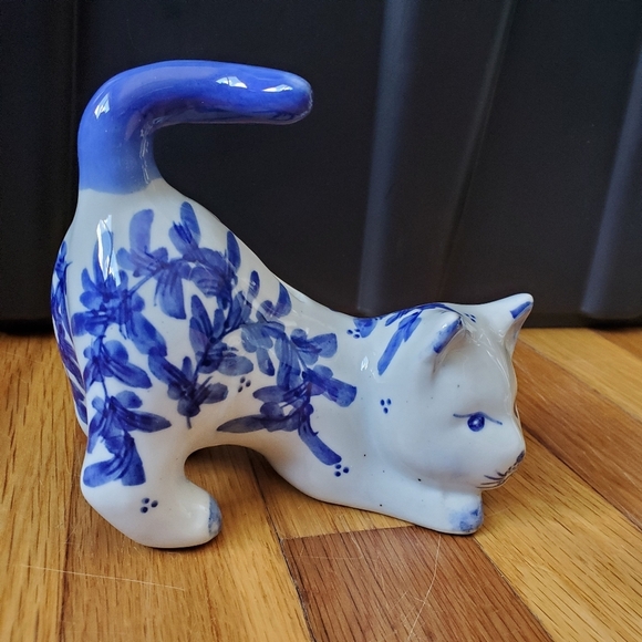 Cat kitten coin bank blue white floral print small - Picture 2 of 9